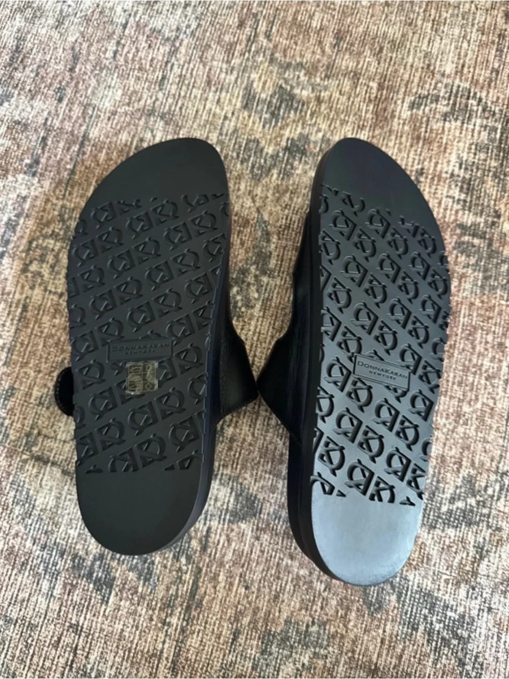 Donna Karan Black Leather Double-Strap Slides with Gold Accents